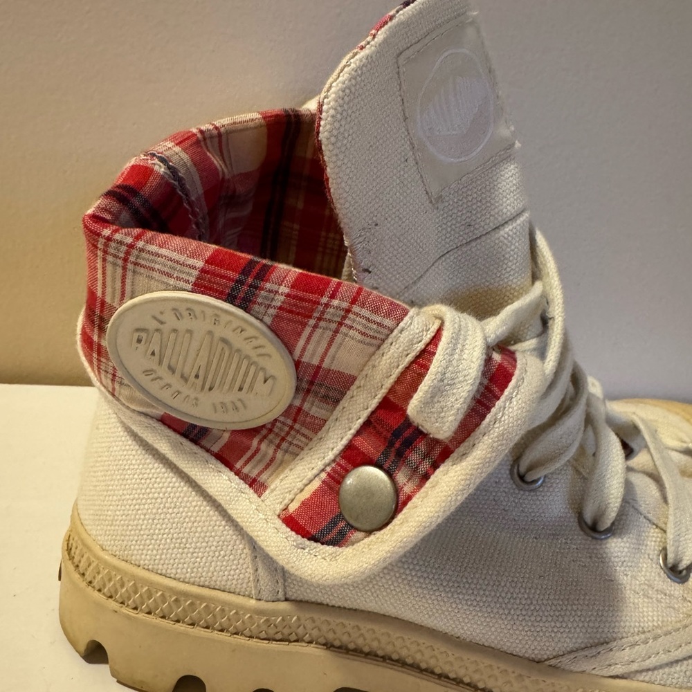 Palladium Cream Canvas Fold Over Red Plaid Lace-Up Boots Womens Size 9.5